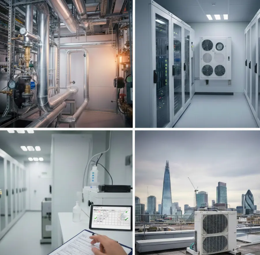 Geogod FM engineer performing mechanical maintenance on commercial plant room boiler." Soft Services Image: "Professional office cleaning and environmental management services